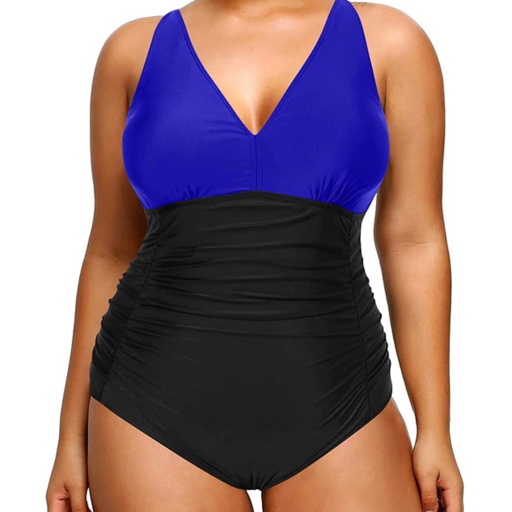 Aqua Eve blue and black swimsuit with V-neck collar